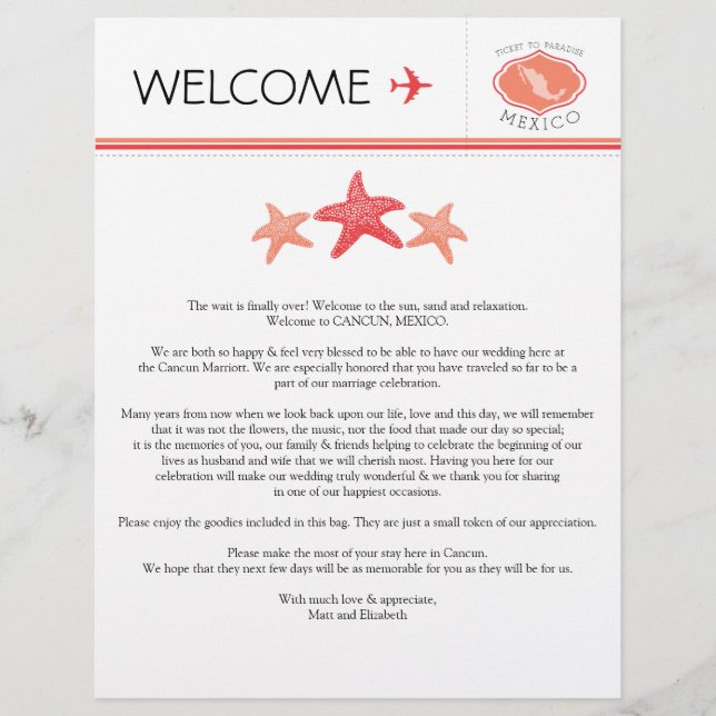 Lettre de bienvenue mariage pour le Mexique (Devant)