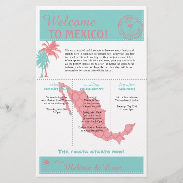 Lettre de bienvenue pour mariage à Cabo Mexico Cor (Devant)