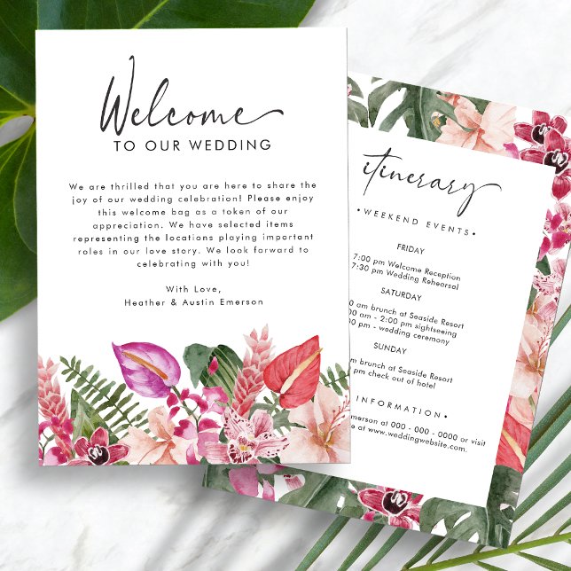 Lettre de bienvenue pour un mariage tropical (Tropical Floral Wedding Welcome Letter Itinerary by Painted Paperie
)
