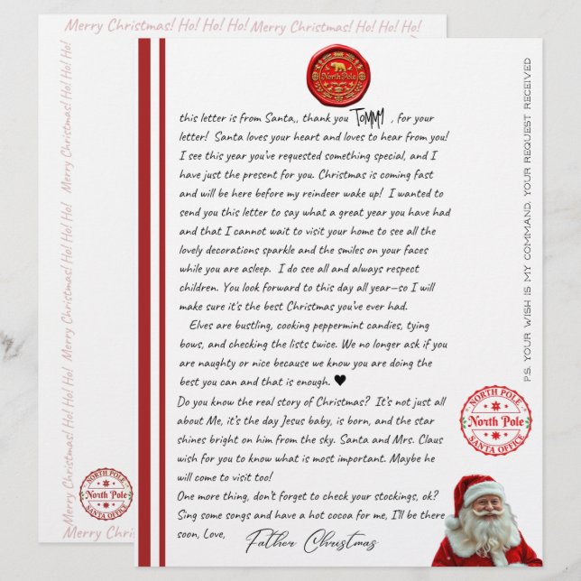 Lettre de confirmation du Père Noël pour l'enfant  (Devant / Derrière)