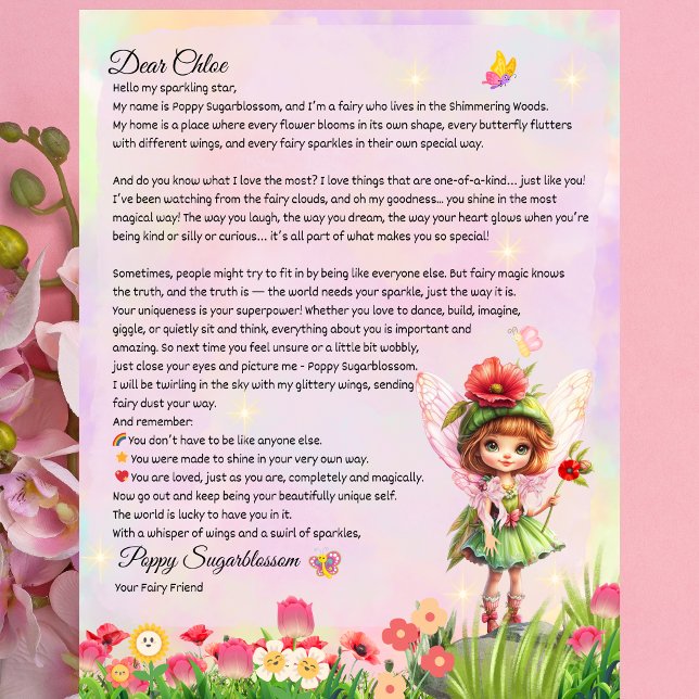 Lettre de conservation de fée pour enfants (Personalized Fairy Letter for Girls – Self-Love & Embracing Uniqueness – Fairy Poppy Sugarblossom)