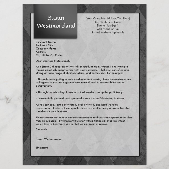 Lettre de couverture personnalisée Jacquard noir M (Devant)
