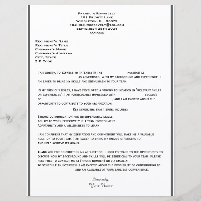 Lettre De Couverture Simple Pour Modèle Emploi (Devant)
