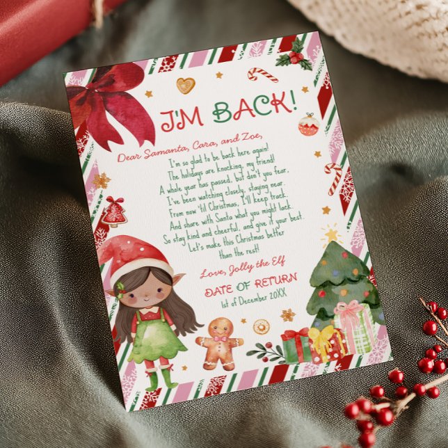 Lettre de fille de Noël de la carte de lettre de l (Christmas Brown Hair Light Brown Girl Letter from Elf Letter Card with Front and Back)