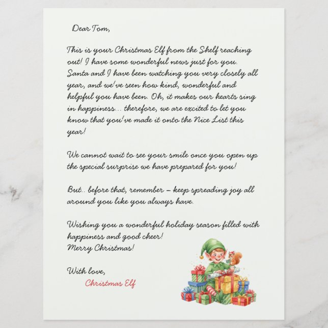Lettre de Noël de l'Elf de Noël (Devant)