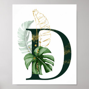 Lettre décorative D avec affiche feuille tropicale