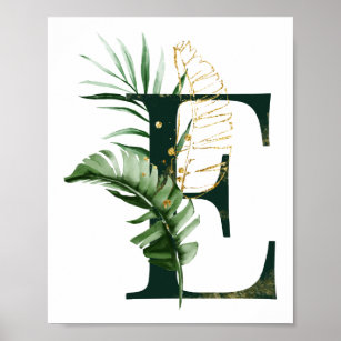 Lettre décorative E avec affiche feuille tropicale
