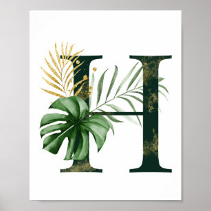 Lettre décorative H avec affiche feuille tropicale