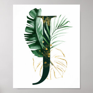 Lettre décorative J avec affiche feuille tropicale