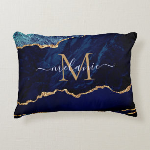 Lettre d'or bleu marine Agate Coussin