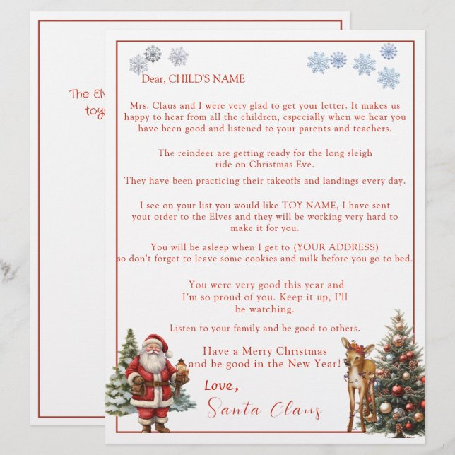 Lettre du Père Noël Flocons de neige Renne (Devant / Derrière)