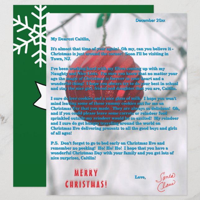 Lettre du Père Noël Ornement Vert Rouge (Devant / Derrière)