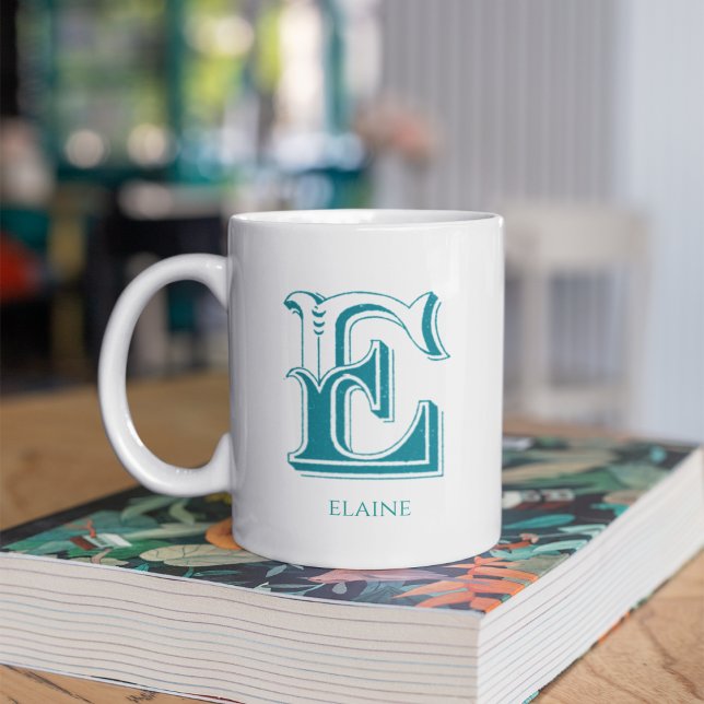 Lettre E Monogramme Turquoise Nom moderne Café Mug (Créateur téléchargé)