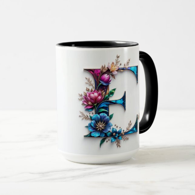 Lettre E Mug de café - Design floral pour le don (Devant droit)