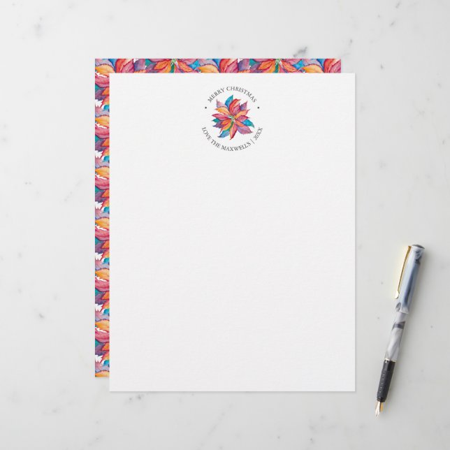 Lettre En-tête de Noël unique en aquarelle Poinsettia (Devant/Arrière en situation)