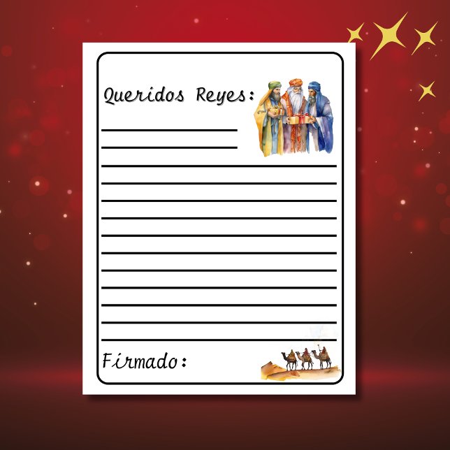 Lettre espagnole blanche aux sages - Los Reyes (Carta a los reyes, customizable & personalized. white letter with lines. Con Jesús en el camino)