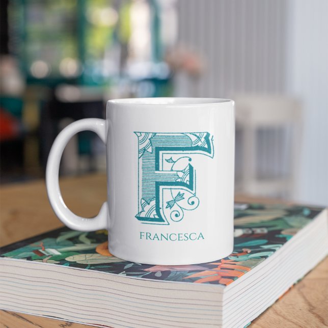 Lettre F Monogramme Turquoise Nom moderne Café Mug (Créateur téléchargé)