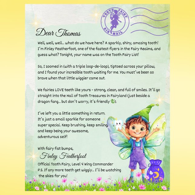 LETTRE FLEINE PERSONNALISÉE GARDERIE Magique (Boys Tooth Fairy Letter – Personalized Tooth Fairy Note from Finley Featherfoot – Custom Printed)