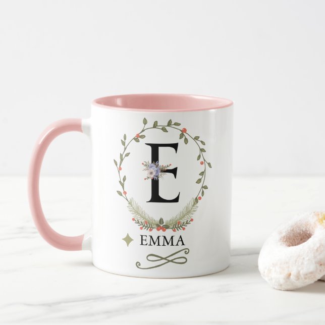 LETTRE FLORALE MILITE E MONogramme Mug (Avec donut)