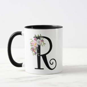 Lettre florale R, tasse d'aquarelle d'art de