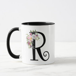 Lettre florale R, tasse d'aquarelle d'art de