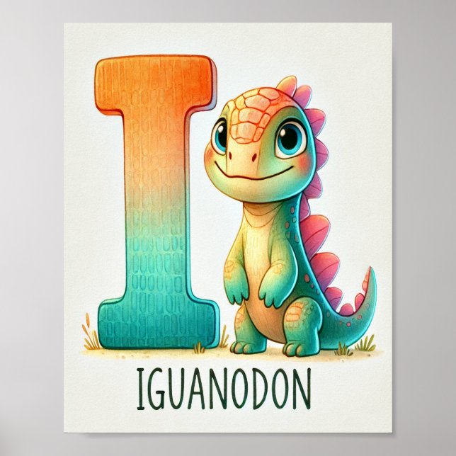 Lettre I, Poster d'aquarelle Dinosaure Alphabet (Devant)