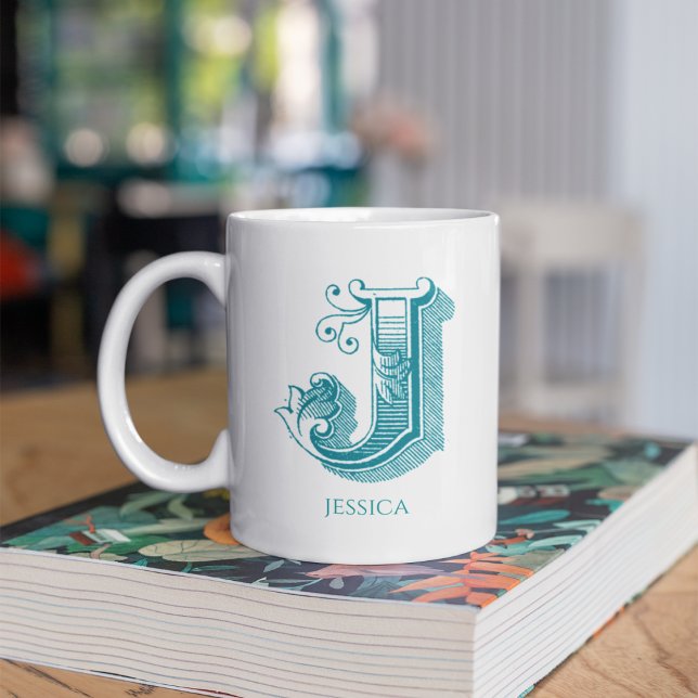 Lettre J Monogramme Turquoise Nom moderne Café Mug (Créateur téléchargé)