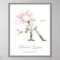 Lettre K Monogramme rose Blanc Floral Poster