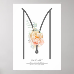 Lettre M Monogramme Fleurs Rose Pêche Décoration M