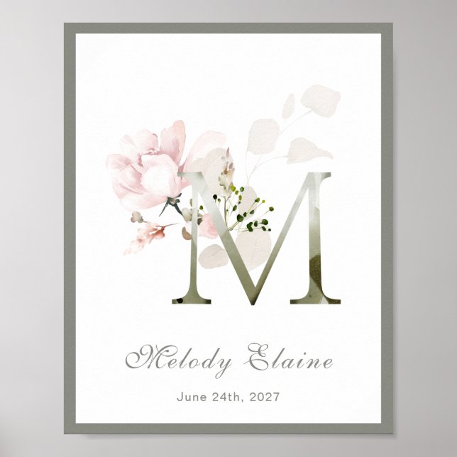 Lettre M Monogramme Rose Blanc Floral Poster (Devant)