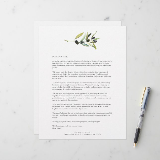 Lettre Modèle en-tête de la branche d'olive aquarelle (Devant/Arrière en situation)