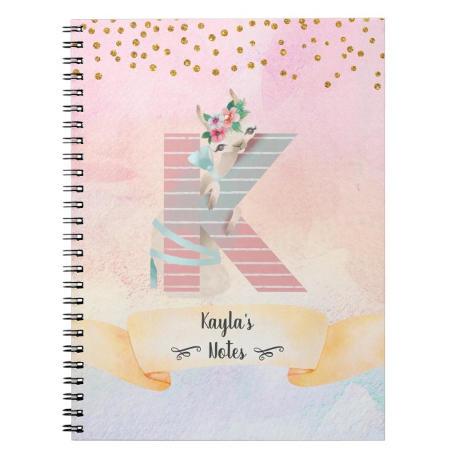 Lettre monogramme K Baby Llama Girl Journal quotid (Devant)