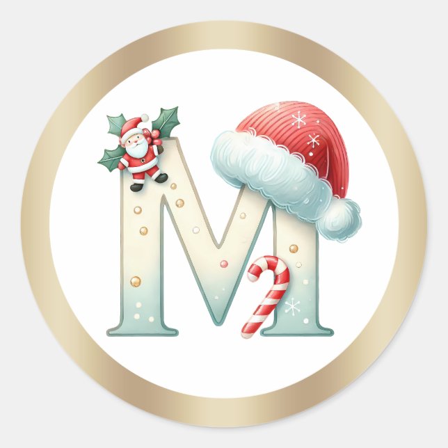Lettre monogramme M, autocollant de Noël au chapea (Devant)