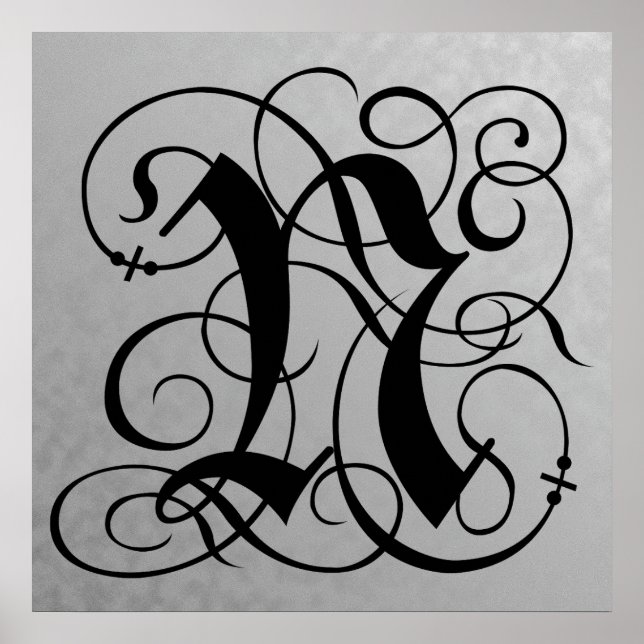 Lettre N, Monogramme gothique Poster noir (Devant)