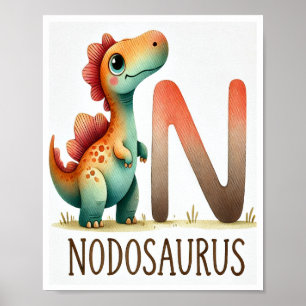 Lettre N, Poster d'aquarelle Dinosaure Alphabet
