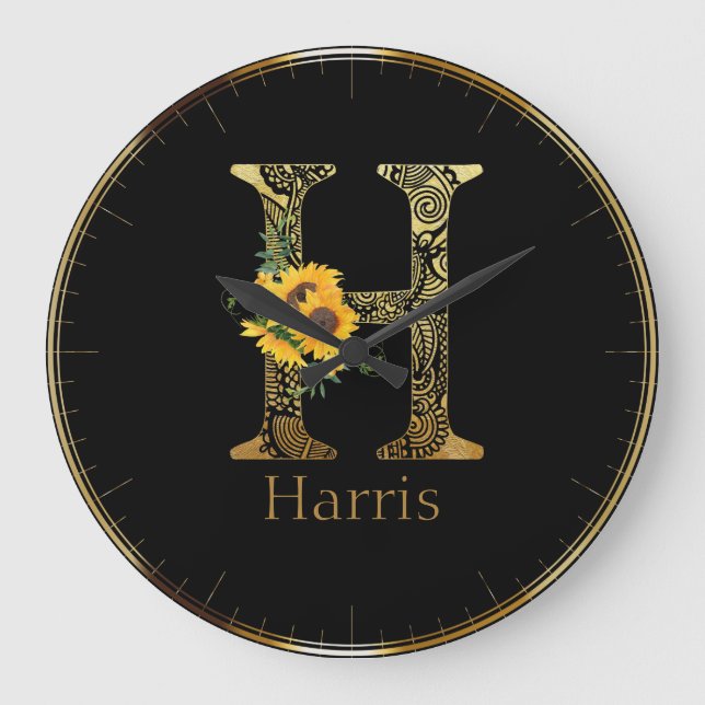 Lettre noire et or H Tournesols ronds Horloge (Recto)