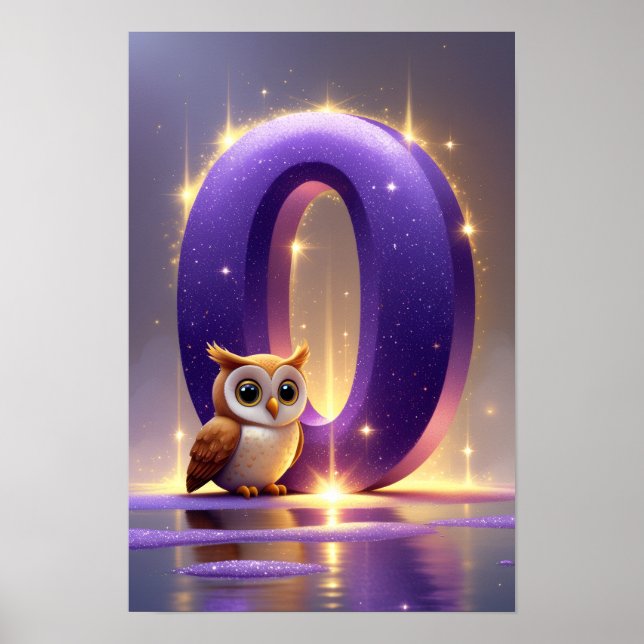 Lettre O avec affiche de hibou Alphabet pailleté v (Devant)