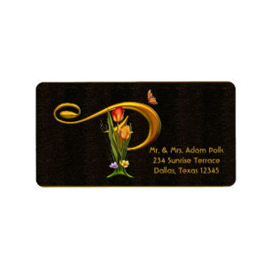 Lettre P Monogramme Tulipes Papillon Étiquette de