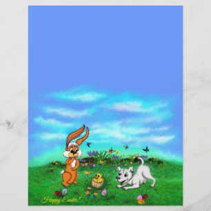 Lettre Pâques - Chiot Capo lapin et en-tête de poule