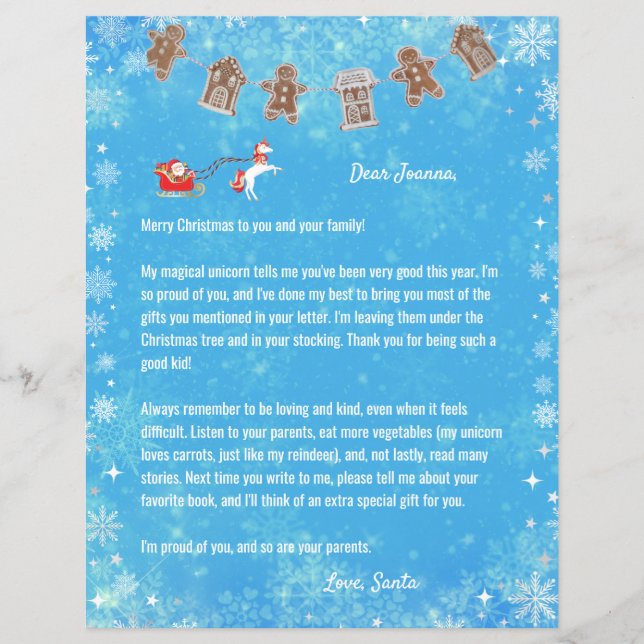 Lettre Père Noël Unicorne Snowflakes Reindeer Blue (Devant)