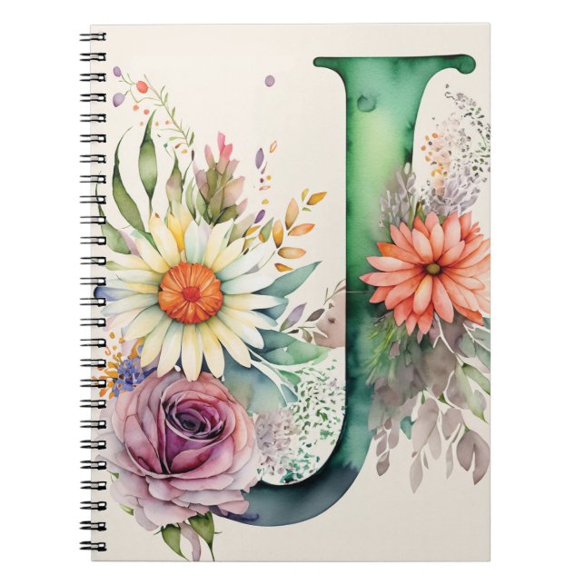 Lettre personnalisée J Carnet d'aquarelle florale (Devant)