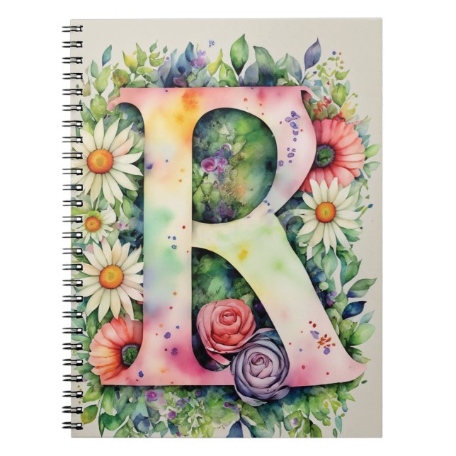 Lettre personnalisée R Carnet d'aquarelle florale (Devant)