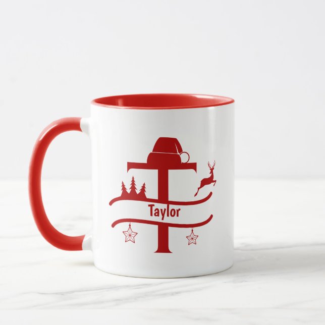 Lettre personnalisée T Nom Monogramme de Noël Mug (Gauche)