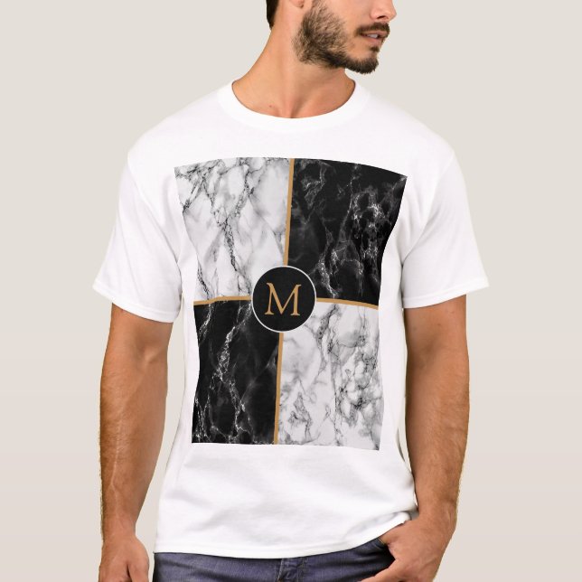Lettre personnalisée T-shirt noir blanc chèque mar (Devant)