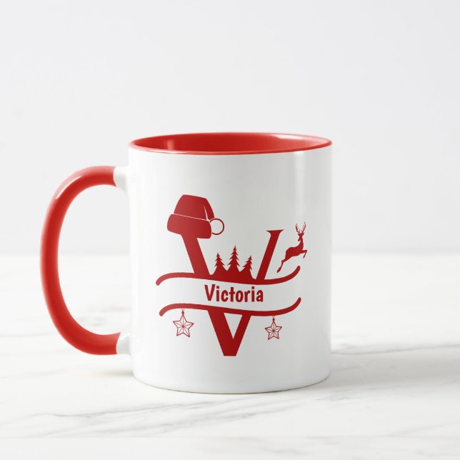 Lettre personnalisée V Nom Monogramme de Noël Mug (Gauche)