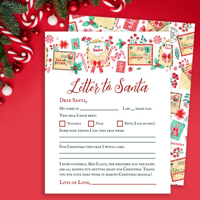 Lettre pour enfants aquarelle à Père Noël feuille  (Watercolor Kids Letter to Santa Paper Sheet)