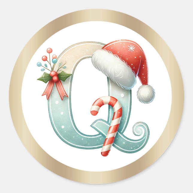 Lettre Q monogramme, autocollant de Noël chapeau d (Devant)