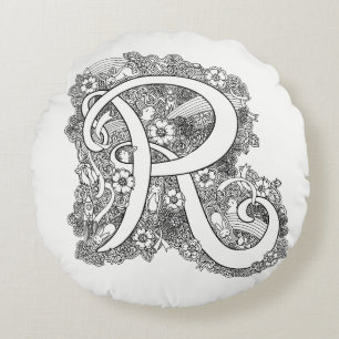 Lettre R mono doodle enchevêtré motif coussin rond