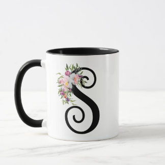 Lettre S florale, tasse d'aquarelle d'art de