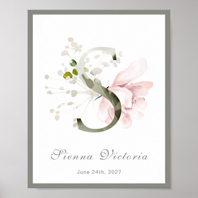 Lettre S Monogram Rose Floral Nursery Poster (Devant)